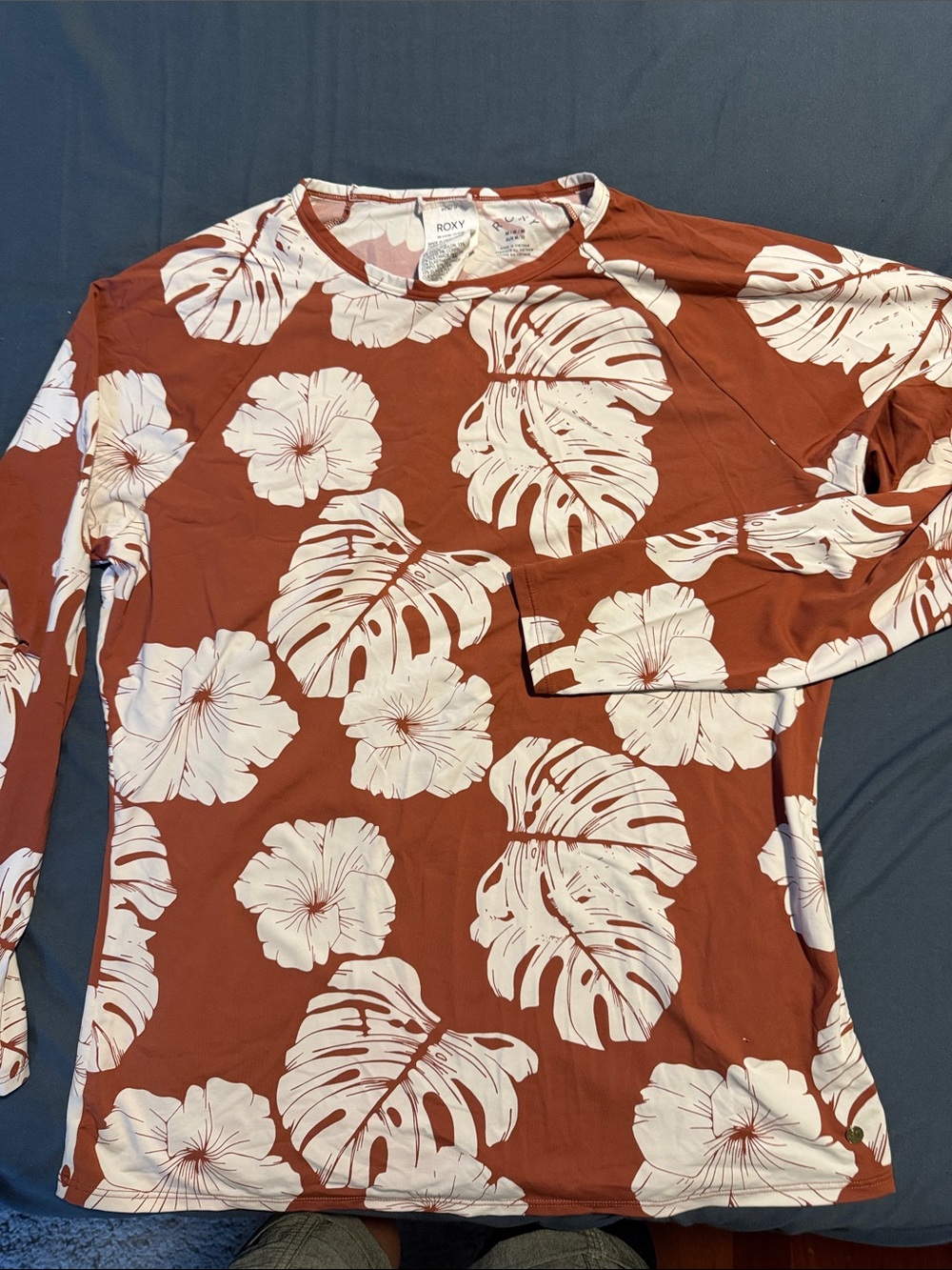Roxy Rust Floral Long Sleeve Tee with White Leaf Print